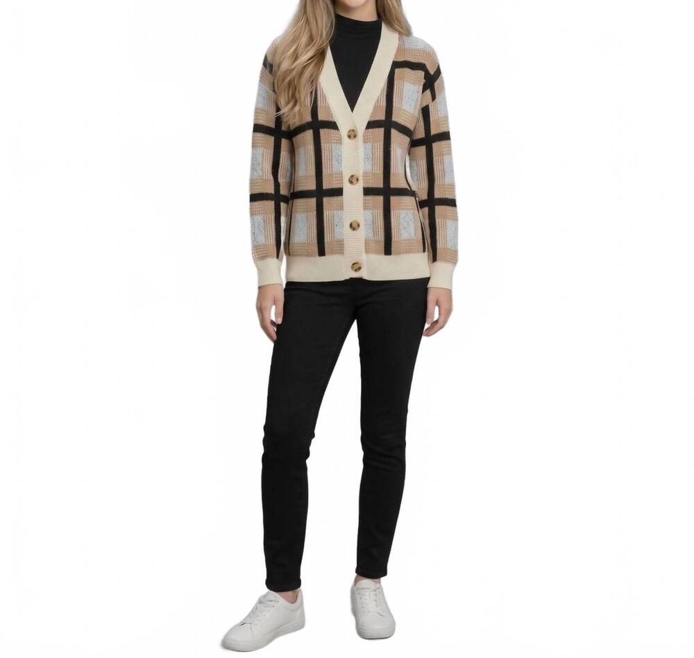 NEW ALLIE ROSE windowpane plaid button-front knit cardigan in caramel